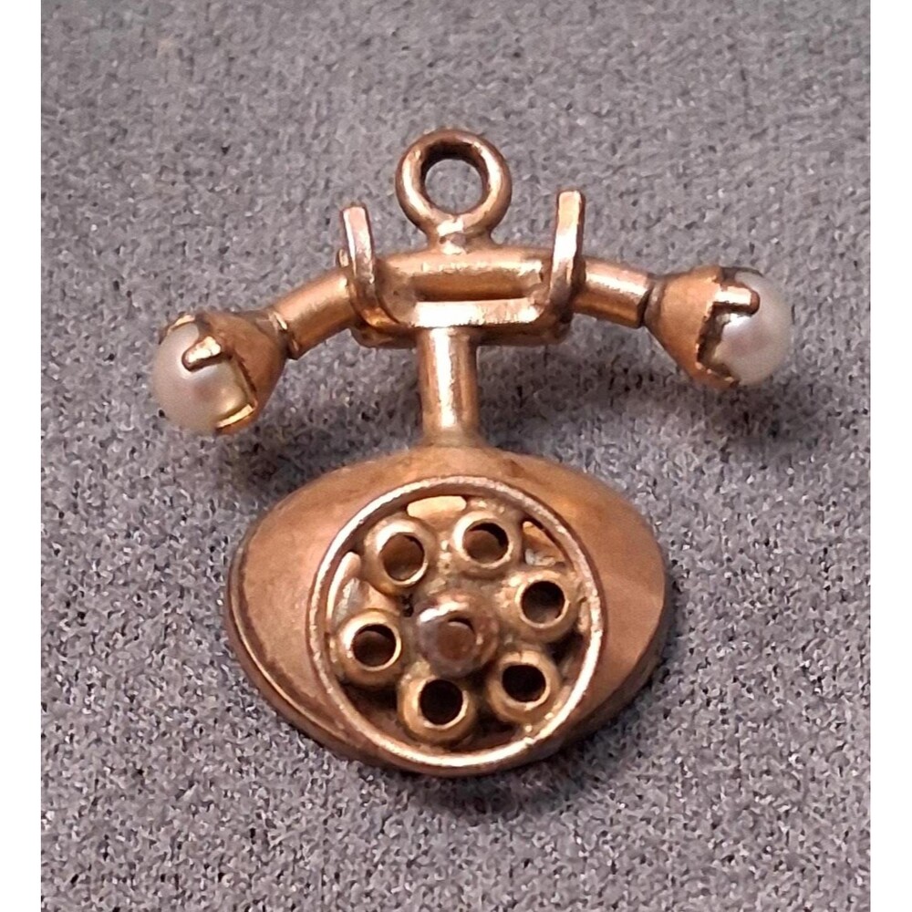 Vintage Rotary Telephone Charm Faux Pearls Gold Tone